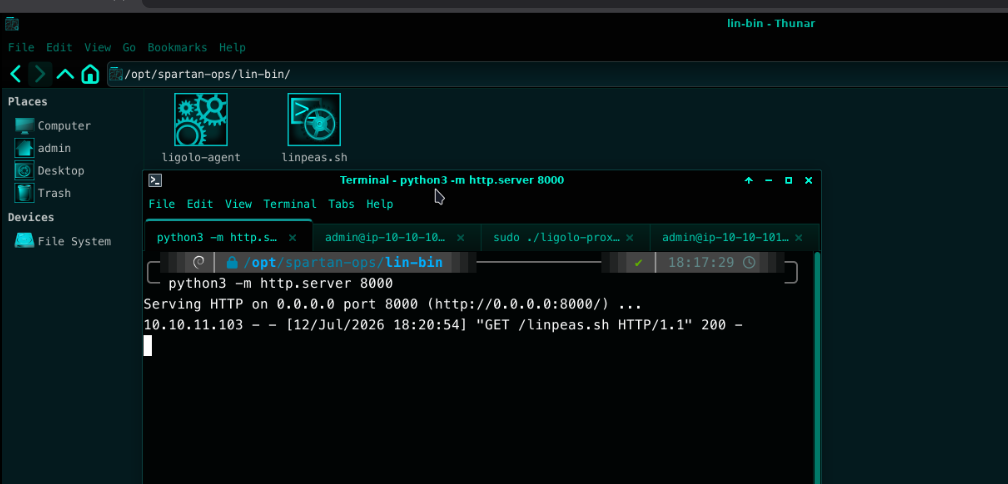 Local Python HTTP server serving ligolo-agent and linpeas.sh for later transfer