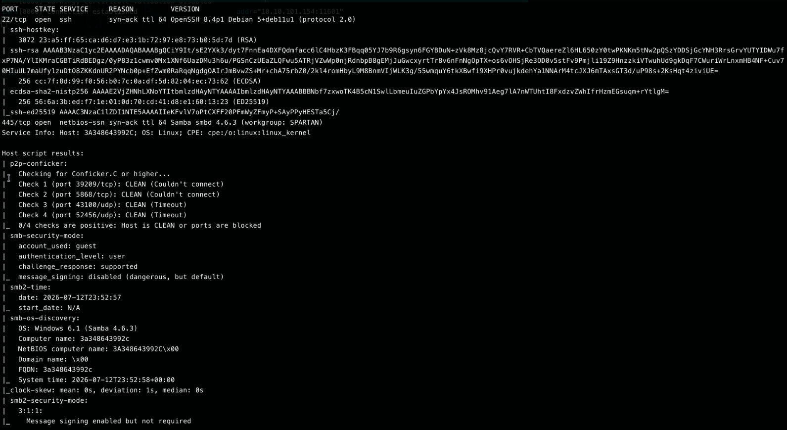 Nmap scan through the tunnel showing SSH and a Samba 4.6.3 service in the SPARTAN workgroup