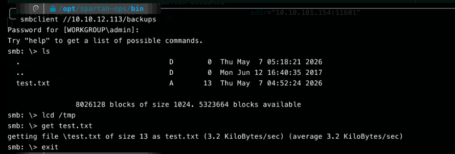 smbclient session connecting to the backups share, listing and downloading test.txt