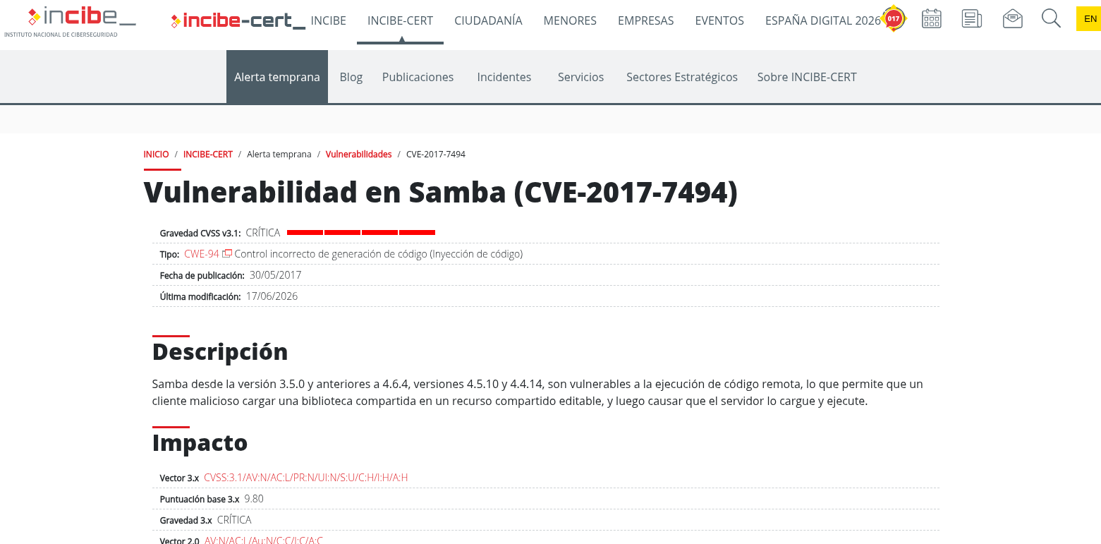 INCIBE-CERT advisory page for CVE-2017-7494, rated critical with a CVSS 3.1 score of 9.8