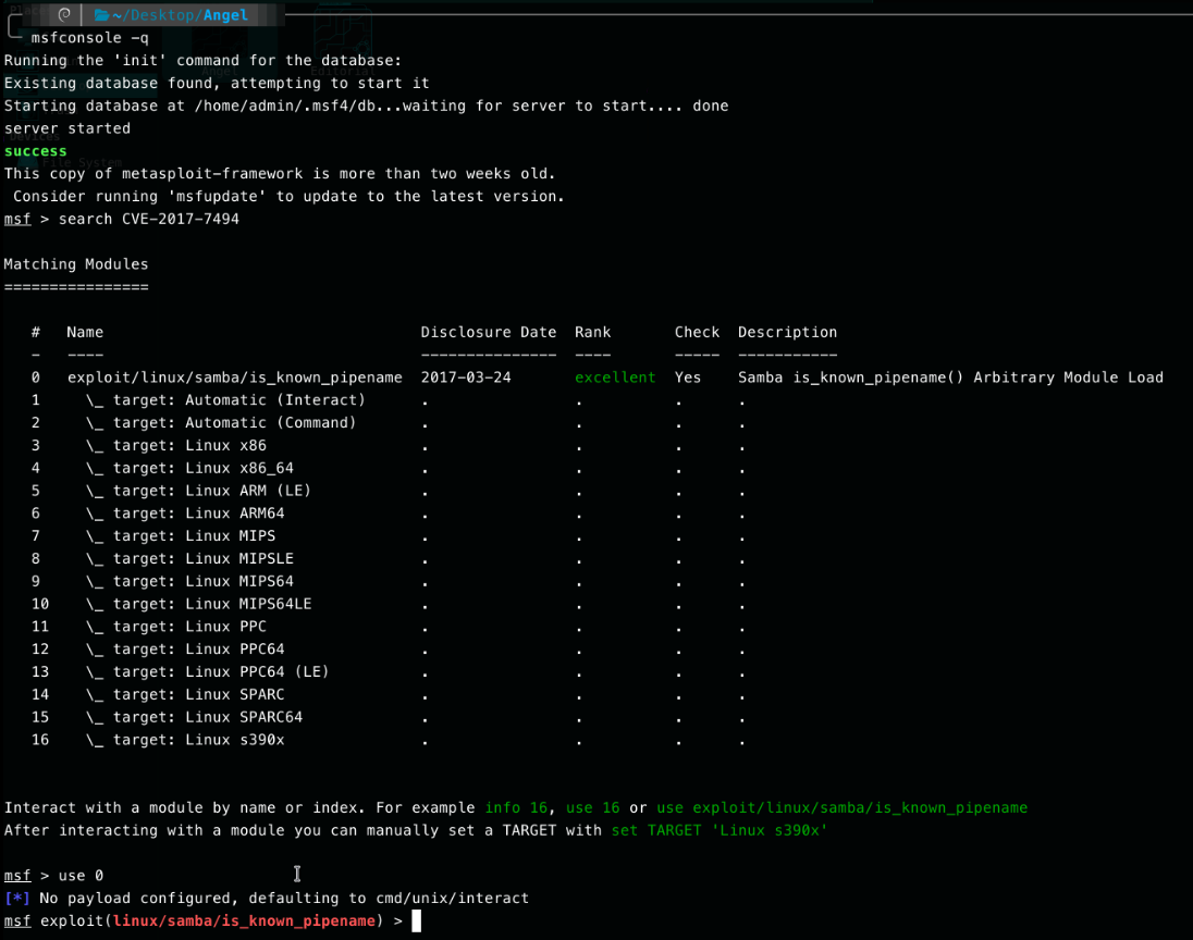 msfconsole search results for CVE-2017-7494, selecting exploit/linux/samba/is_known_pipename