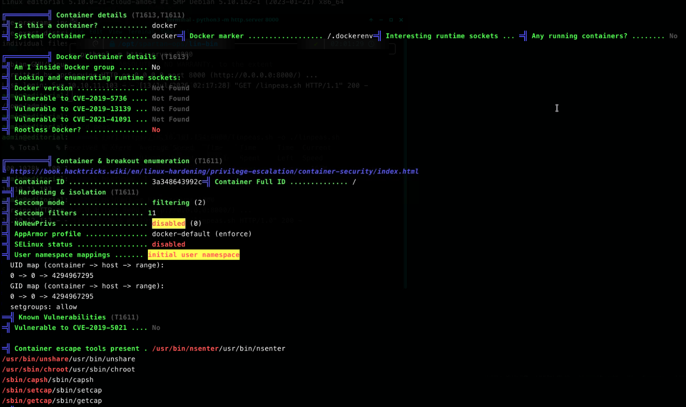 LinPEAS container-detection module confirming the shell is running inside a Docker container