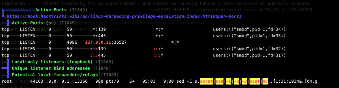 ss output inside the container showing only SMB-related ports listening — SSH is not part of this namespace