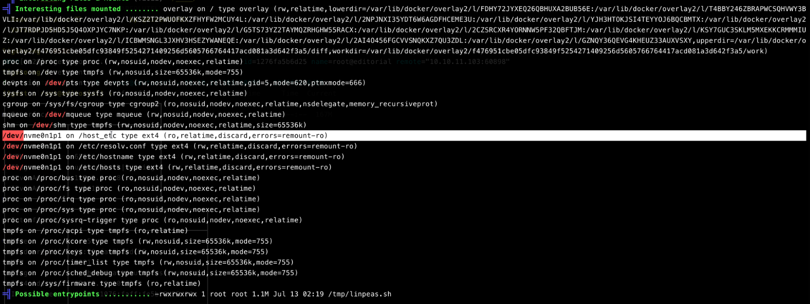 LinPEAS listing interesting mounted filesystems, including /host_etc mapped to /dev/nvme0n1p1 (ext4)