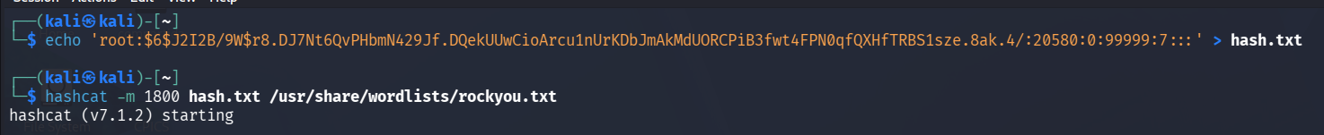 hashcat starting a sha512crypt attack against the extracted root hash using rockyou.txt