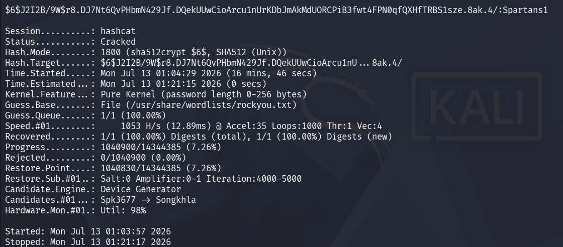 hashcat reporting the hash as cracked, recovering the plaintext root password