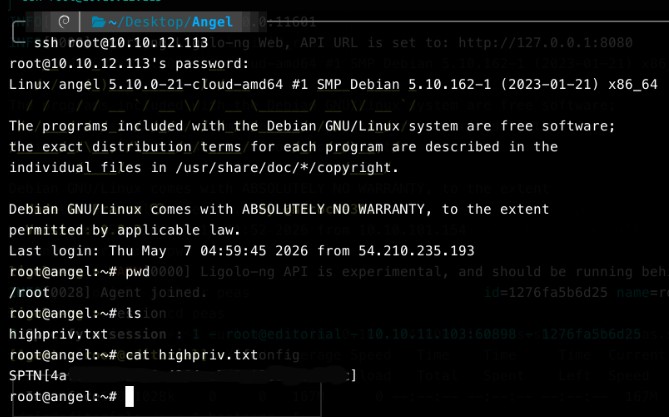 Successful root SSH login to the real Angel host and the final highpriv.txt flag
