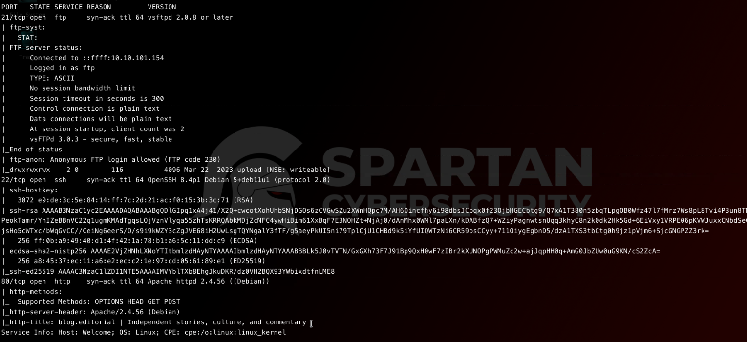 Nmap scan showing ports 21 (FTP, anonymous login allowed), 22 (SSH) and 80 (HTTP) open on the target