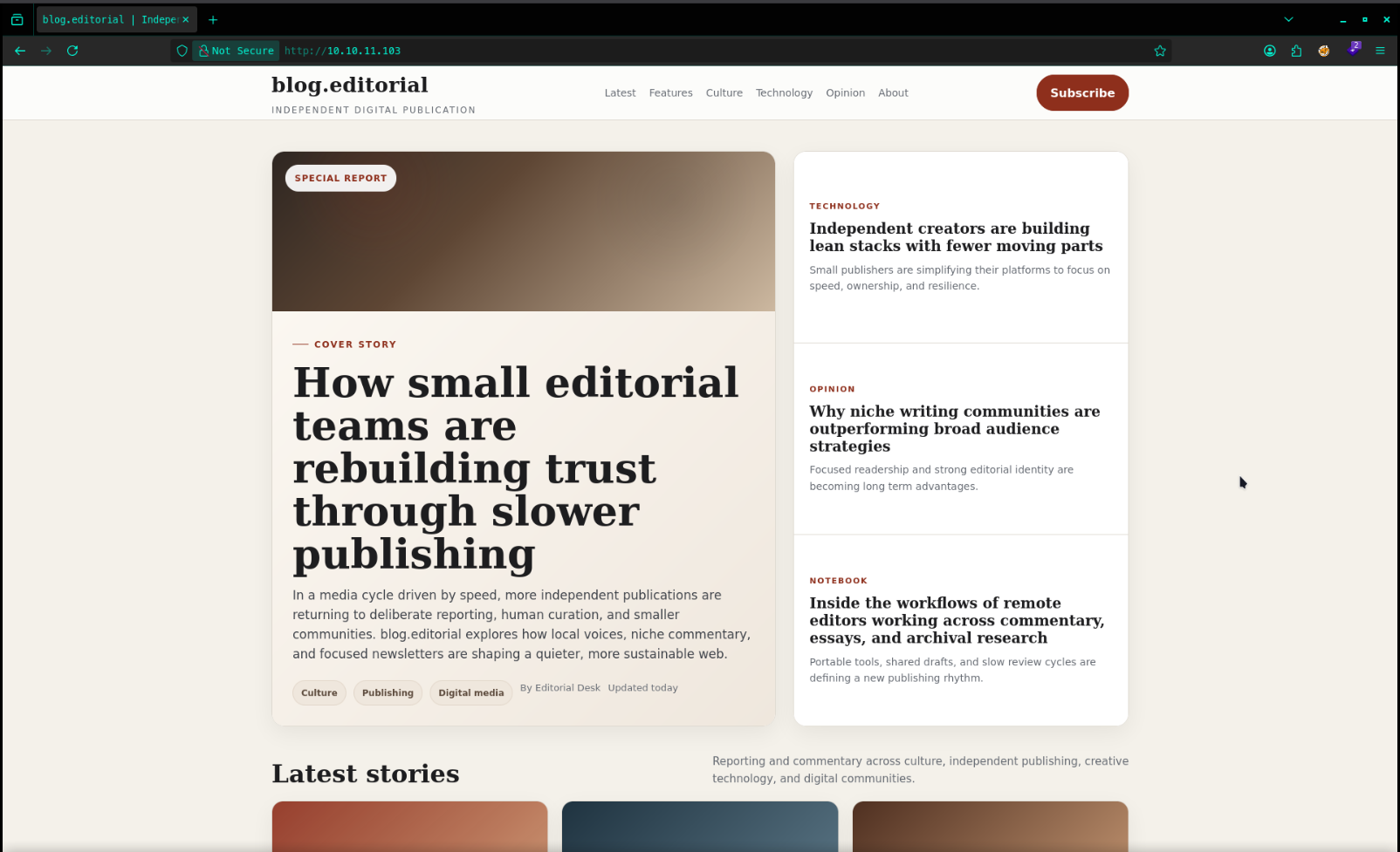 Static HTML landing page of blog.editorial, an independent publication website
