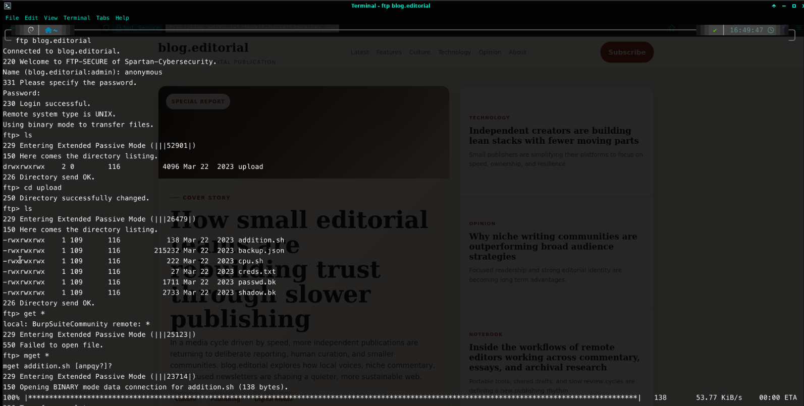 Anonymous FTP session listing the writable upload directory containing creds.txt