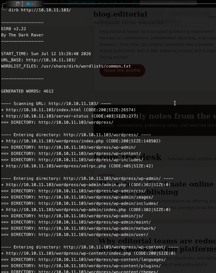 dirb output discovering the hidden /wordpress/ directory and its admin, content and includes subpaths