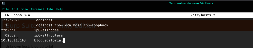 Editing /etc/hosts to map the target IP to the blog.editorial virtual host