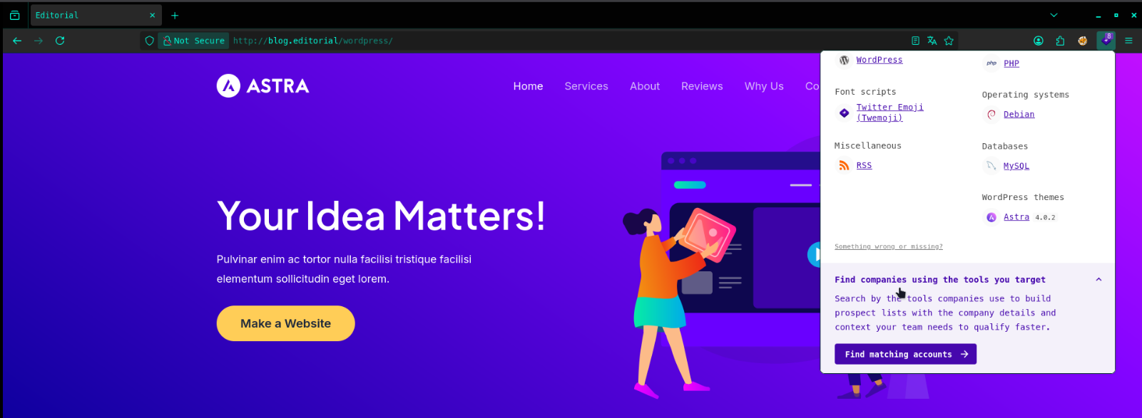WordPress site running the Astra theme, fingerprinted via browser extension showing PHP, MySQL and Debian