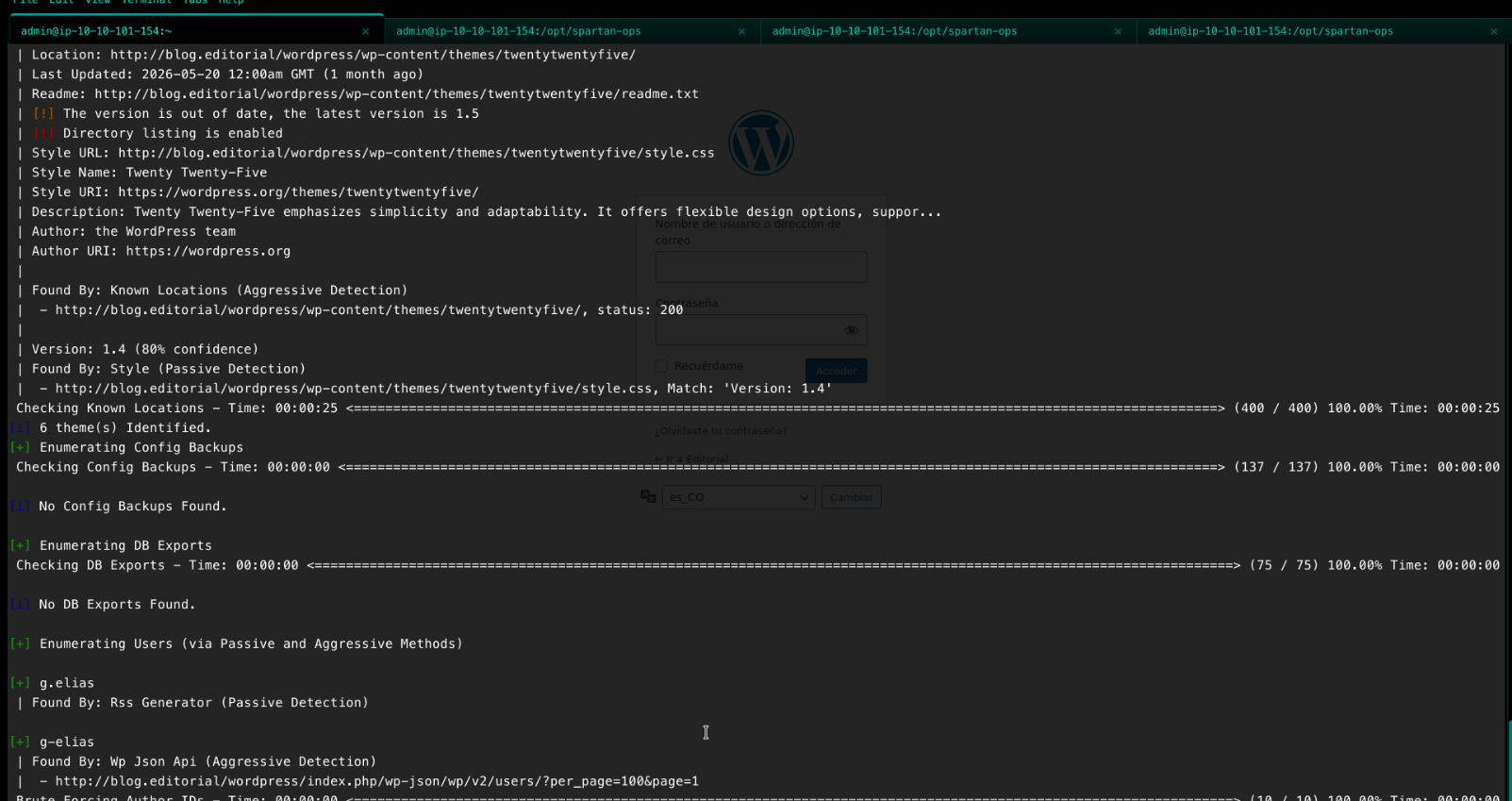 wpscan enumerating the twentytwentyfive theme (outdated, directory listing enabled) and confirming the g.elias username via RSS and REST API