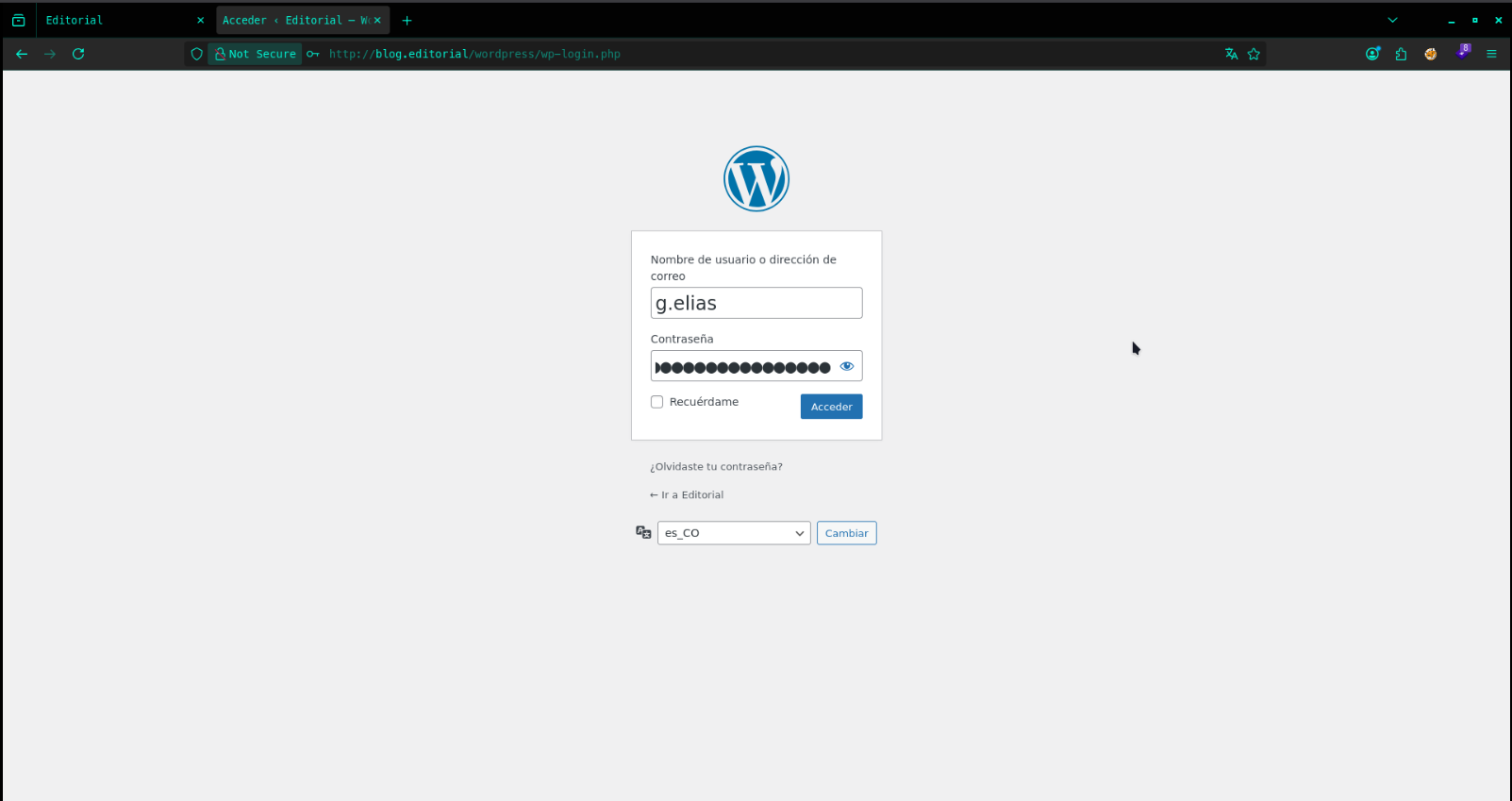 WordPress login form with the username g.elias populated