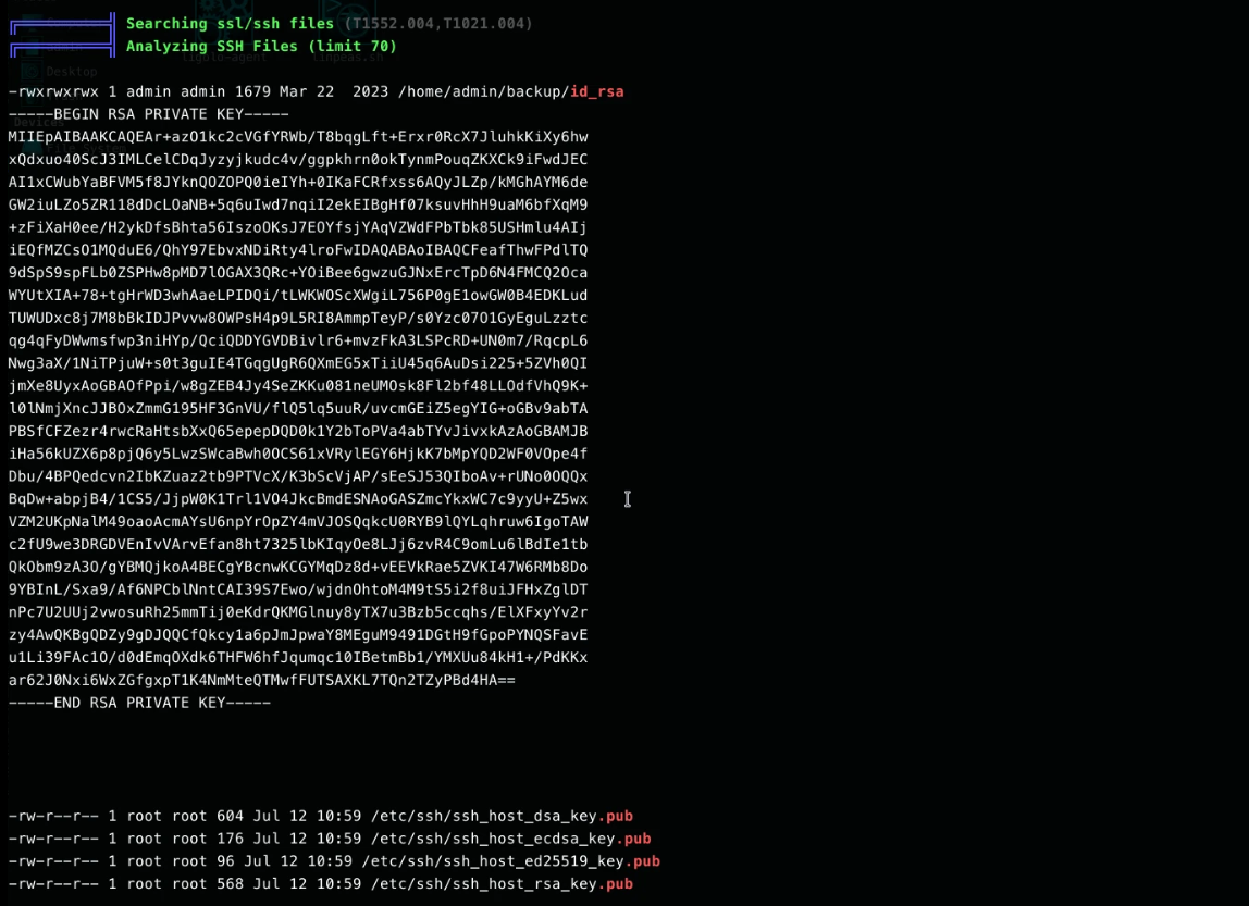 LinPEAS output highlighting a world-readable/writable RSA private key at /home/admin/backup/id_rsa
