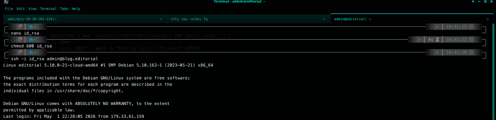 Successful SSH authentication as admin using the recovered private key