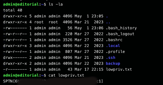 Listing of admin's home directory and the contents of lowpriv.txt, confirming the user flag