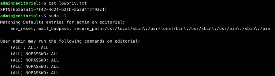 sudo -l output showing that user admin may run ALL commands as ALL users with NOPASSWD