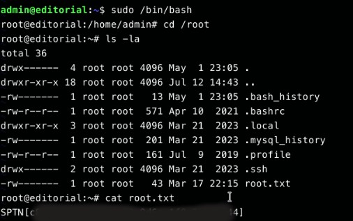 Root shell obtained via sudo /bin/bash, listing /root and displaying the contents of root.txt
