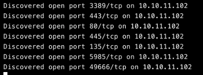 Initial nmap port discovery listing ports 3389, 443, 80, 445, 135, 5985 and 49666 as open