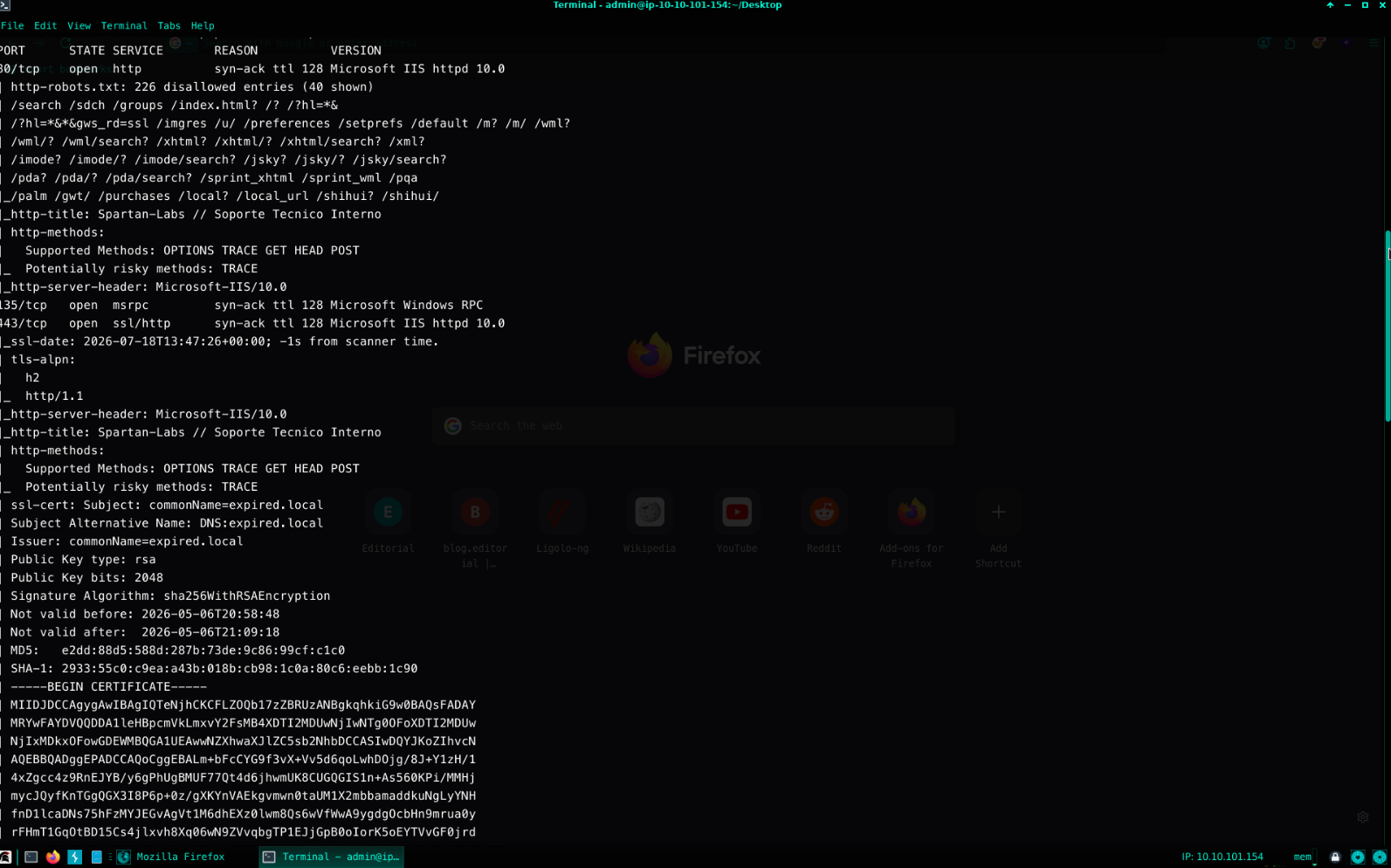 Continued nmap output confirming Windows Server 2016 on port 445 and RDP on 3389 with a certificate identifying the host as Fortaleza