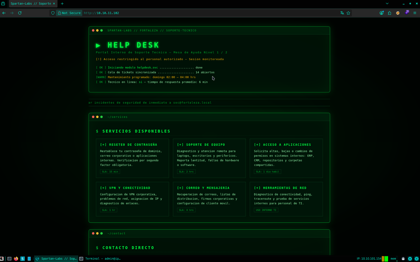 Internal help-desk web application titled "Spartan-Labs // Fortaleza // Soporte Tecnico", listing support services and an internal contact address