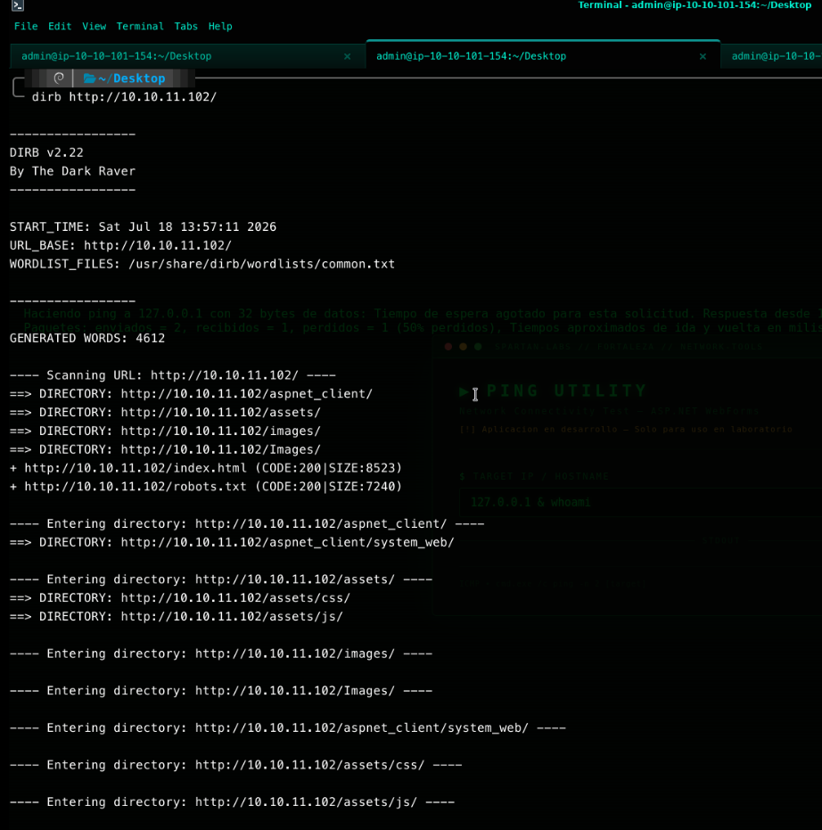dirb scan with the default wordlist discovering aspnet_client, assets, images and Images directories