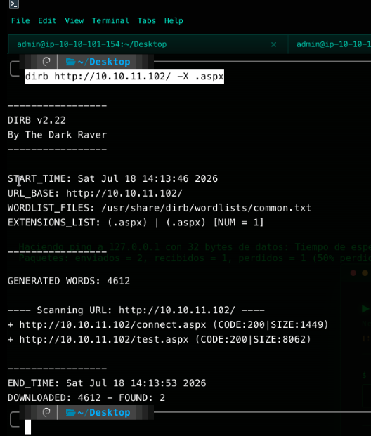 dirb scan filtered to the .aspx extension, discovering connect.aspx and test.aspx