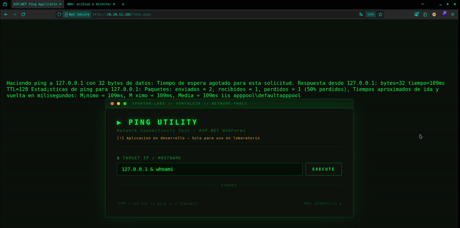 test.aspx rendering a Ping Utility form, with a Target IP/Hostname field and an Execute button