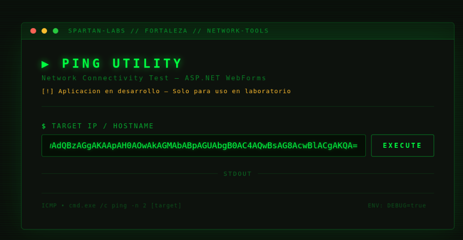The Ping Utility field populated with the PowerShell #3 (Base64) reverse shell payload appended after the injection operator