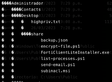 Continued tree output detailing Administrador's Desktop, highpriv.txt, and the full listing of the share folder's files