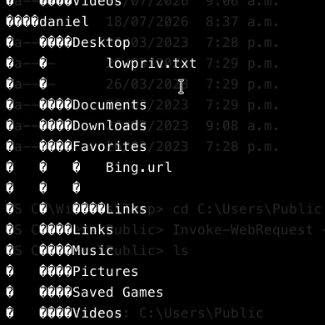 Continued tree output showing daniel's Desktop with lowpriv.txt and a Favorites folder